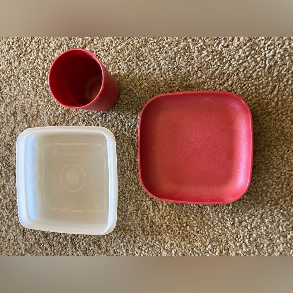 Vintage Tupperware toys mini food storage set red cup red plate clear container